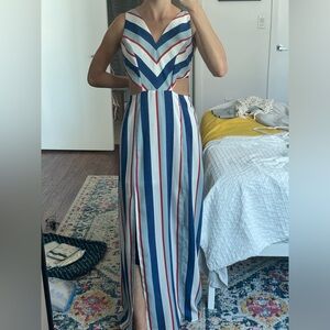 Red, white, and blue striped maxi dress with leg slits